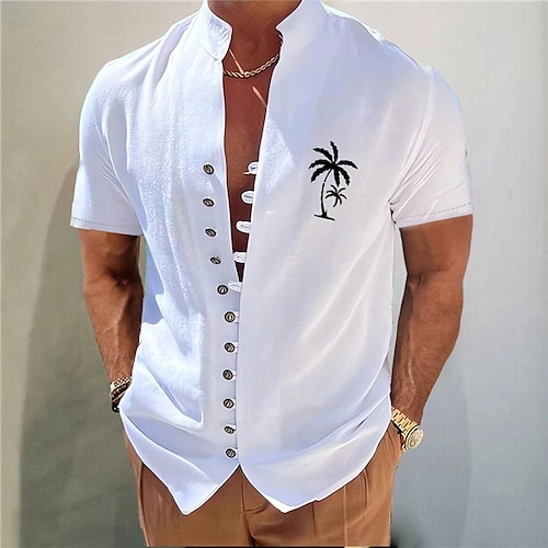 

мужская хлопчатобумажная льняная рубашка с графическим принтом кокосовой пальмы, воротник-стойка, белый, синий, хаки, серый, уличная, с коротким рукавом, с принтом, одежда, модная уличная дизайнерская повседневная одежда