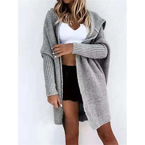 

Women's Cardigan Sweater Jumper Ribbed Knit Oversized Solid Color Hooded Stylish Casual Holiday Going out Summer Fall Black Khaki One-Size