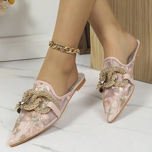 

Mulheres Mules Sandálias rasas Mulas Ao ar livre Diário Bordado Botão Sem Salto Dedo Apontado Estilo bonito Elegante Casual Com Transparência Mocassim Bordado Preto Branco Rosa claro