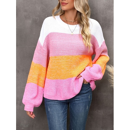 

Mulheres Pulôver suéter Saltador Estriado Tricotar Patchwork Bloco de cor Gola Redonda à moda Casual Diário Para Noite Verão Outono Rosa Roxo S M L