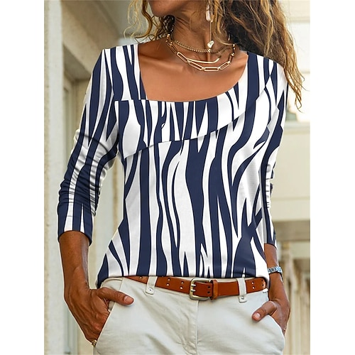 

Mulheres Camiseta Azul Geométrica Imprimir Manga Longa Final de semana Dia da Independência Básico Decote V Padrão Pintura S