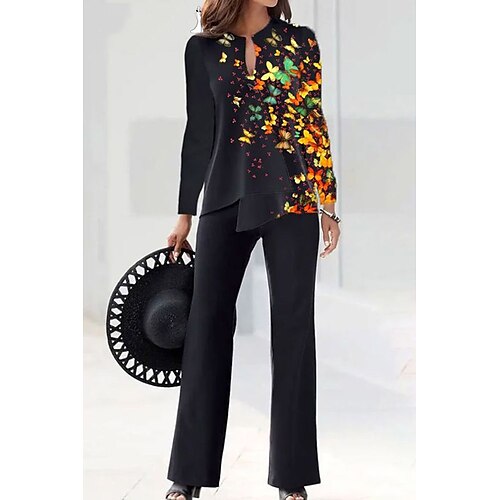 

Damen Hemd Hosen-Sets Schwarz Rosa Orange Leopard Blumen Bedruckt Langarm Casual Täglich Strassenmode V Ausschnitt