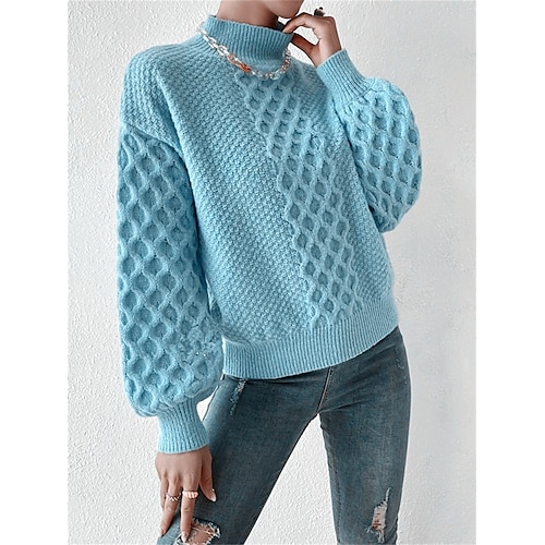 

Women's Pullover Sweater Jumper Jumper Cable Knit Braided Solid Color Turtleneck Stylish Casual Home Holiday Fall Winter Green Light Blue S M L