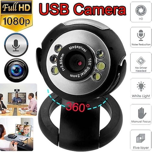 

USB-HD-Webcam mit 6 LED-Leuchten, um 360 Grad drehbare Full-HD-1080p-Webcam, Breitbild-Videoanrufe und -aufzeichnung, digitale Nachtsicht-Webkamera mit Mikrofon, Stream-Kamera für PC, Laptops und