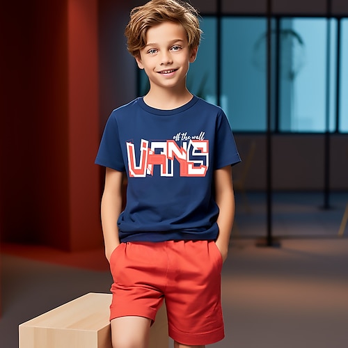 

2 Peças Infantil Para Meninos T-shirt Shorts Conjuntodet-shirts Conjunto Equipamento Gráfico Letra Manga Curta Crewneck Definir Ao ar livre Impressões 3D Ativo Esportes Moda Verão Primavera 3-13