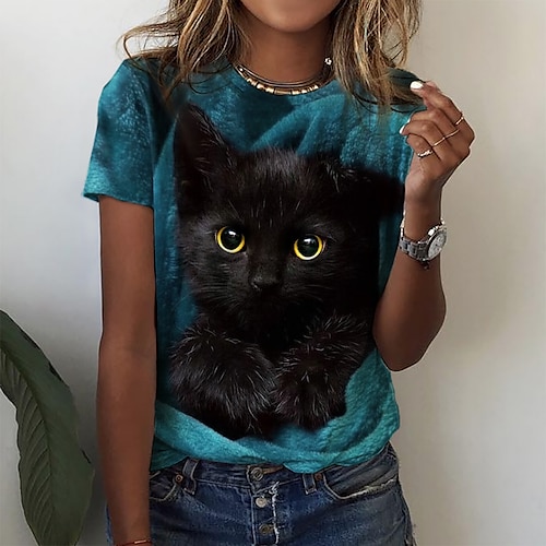 

Mulheres Camiseta Vermelho Azul Roxo Gato 3D Imprimir Manga Curta Diário Final de semana Básico Decote Redondo Padrão Gato 3D Pintura S