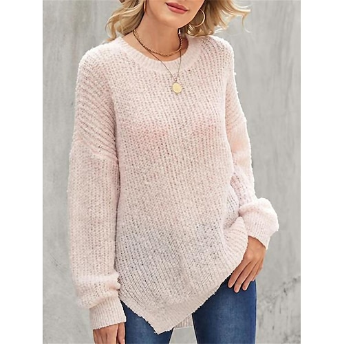 

Damen Pullover Strickwaren Gehäkelt Stricken Gespleisst Asymmetrischer Saum Feste Farbe Rundhalsausschnitt Stilvoll Brautkleider schlicht Täglich Festtage Sommer Herbst Weiß Rosa S