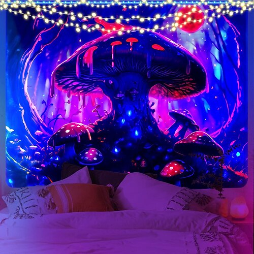 

Blacklight Tapestry UV Reactive Trippy Misty Mushroom Nature Landscape Hanging Tapestry Wall Art Mural for Living Room Bedroom