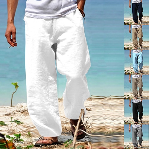 

Men's Linen Pants Trousers Summer Pants Beach Pants Elastic Waist Wide Leg Straight Leg Plain Breathable Soft Casual Daily Beach Linen / Cotton Blend Fashion Streetwear Loose Fit Black White