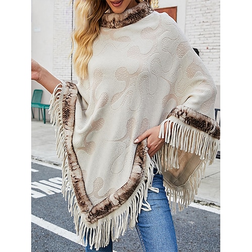 

Women's Shrug Jumper Crochet Knit Cropped Tassel Print Geometric Crew Neck Shrugs Stylish Outdoor Daily Fall Winter Black Wine One-Size