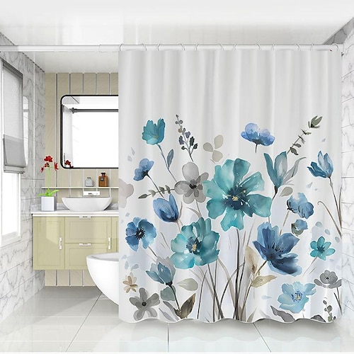 

Cortina de ducha con ganchos, hojas de plantas de acuarela con decoración floral para baño, juego de cortina de ducha de tela impermeable con 12 ganchos de plástico