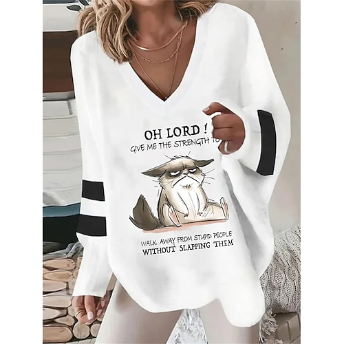 

Women's T shirt Tee White Cat Letter Print Long Sleeve Daily Weekend Basic V Neck Regular Painting S