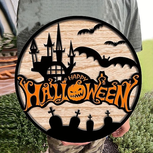 

1 Stück Halloween-Wanddekoration, Willkommens-Holzschild, Geister-Kürbis-Hexe, Willkommensschild-Dekoration, lustiges, inspirierendes Muster, klassischer Retro-Stil, Kunstdekoration, Druck, Wandbehang, Seil, 28 x 28 cm/11'' x 11''