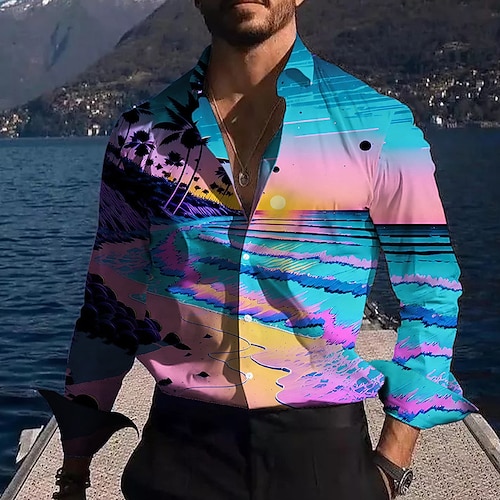 

Men's Shirt Summer Hawaiian Shirt Graphic Prints Sunset Beach Turndown Pink Blue Outdoor Street Long Sleeve Print Clothing Apparel Fashion Streetwear Designer Casual