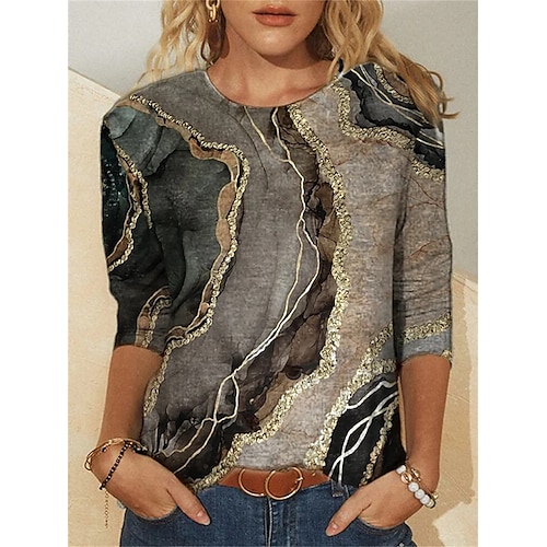 

Women's T shirt Tee Brown Graphic Print Long Sleeve Daily Weekend Basic Round Neck Abstract Painting