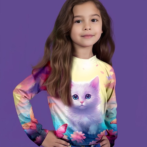 

Para Meninas Camiseta Manga Longa Camisa Camiseta Gráfico Animal Gato Impressão 3D Ativo Moda Estilo bonito Poliéster Ao ar livre Casual Diário Infantil Crewneck 3-12 anos Gráfico impresso em 3D