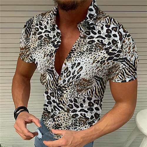 

Homens Camisa Social Leopardo Estampas Abstratas Aberto para a Lateral Cinzento Ao ar livre Rua Manga Curta Imprimir Roupa Moda Roupa de rua Designer Casual