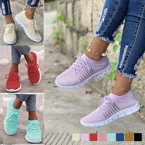 

Women's Sneakers Comfort Shoes Plus Size Flyknit Shoes Outdoor Daily Summer Flat Heel Round Toe Sporty Casual Comfort Walking Shoes Tissage Volant Lace-up Solid Color pale pinkish gray Black Yellow