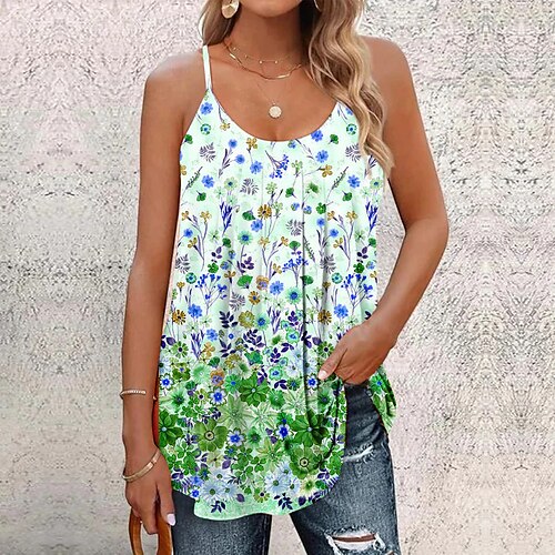 

Mulheres Malha Íntima Azul Roxo Verde Floral Imprimir Sem Manga Casual Feriado Básico Decote U Padrão Tema Flores S