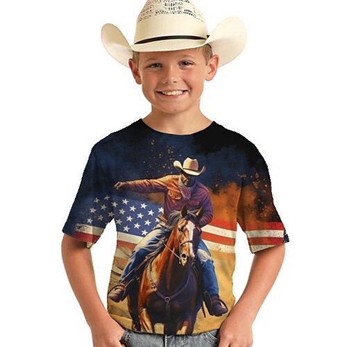 

Jungen-T-Shirt, Western-T-Shirt, kurzärmeliges T-Shirt, Grafik, Flagge, Pferd, 3D-Druck, aktiv, Sport, Mode, Polyester, Outdoor, lässig, täglich, Kinder, Rundhalsausschnitt, 3–12 Jahre, 3D-gedruckte Grafik, normale Passform