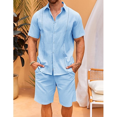 

Homme Chemise Col Cubain Chemise Lin 2 Pièces Ensemble chemises Chemisette Chemise d'été Chemise de plage Noir Blanche bleu marine Manche Courte Plein Revers Printemps été Hawaïen Vacances Vêtement