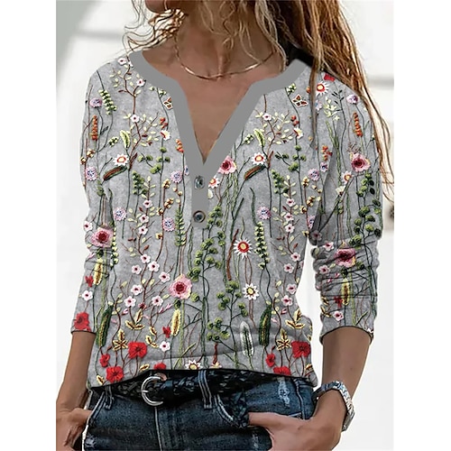 

Mujer Camiseta Gris Floral Estampado Manga Larga Festivos Fin de semana Básico Escote en Pico Regular Flor Pintura S