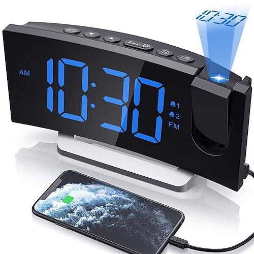 

horloges de projection radio fm réveil numérique à écran incurvé affichage led avec gradateur double alarme avec port de charge usb 12/24 heures batterie de secours pour le réglage de l'horloge