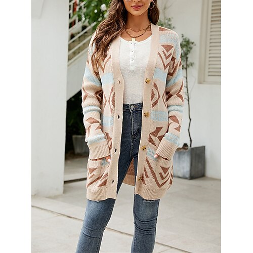 

Mulheres Sueter Cardigan Saltador Estriado Tricotar Botão Xadrez Decote V à moda Casual Ao ar livre Diário Outono Inverno Preto Marron S M L