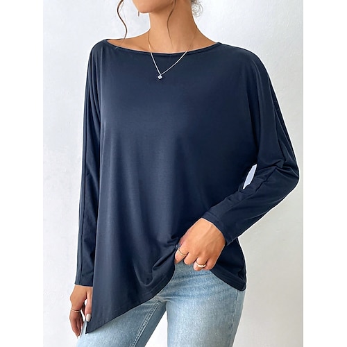 

Damen T Shirt Schwarz Glatt Langarm Täglich Wochenende Basic Rundhalsausschnitt Standard S