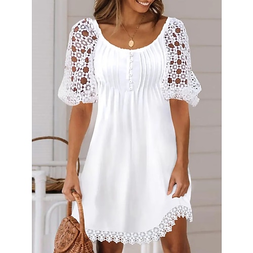 

Women's White Dress Lace Dress Casual Dress Mini Dress Contrast Lace Lace Date Vacation Going out Active Fashion Crew Neck Short Sleeve White Color