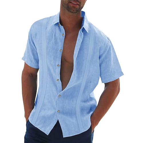 

Men's Shirt Guayabera Shirt Linen Shirt Button Up Shirt Summer Shirt Beach Shirt Black White Blue Short Sleeve Plain Turndown Summer Casual Daily Clothing Apparel