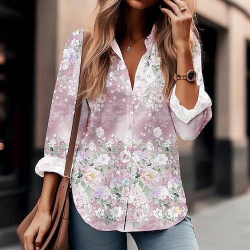 

Mulheres Camisa Social Blusa Rosa Azul Verde Floral Botão Imprimir Manga Longa Casual Feriado Básico Colarinho de Camisa Padrão Tema Flores S