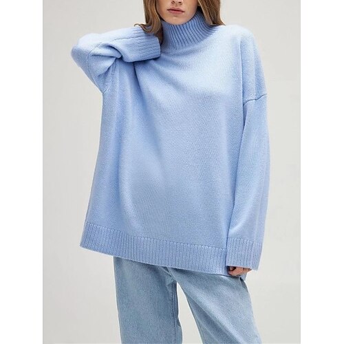 

Pull Maille Femme A côtes Tricoter énorme Couleur unie Col Roulé mode Décontractées Extérieur du quotidien manche longue Automne Hiver Blanche Bleu Roi S M L