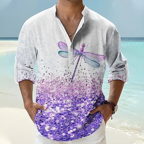 

Homens Camisa Social camisa de linho Gradiente Estampas Abstratas Libélula Colarinho Chinês Roxo Verde Ao ar livre Rua Manga Longa Imprimir Roupa Linho Moda Roupa de rua Designer Casual