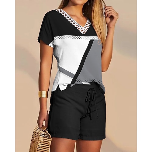 

Femme T shirt Tee Ensembles de shorts Shorts bouffants Vêtement de rue Noir Casual du quotidien Couleur unie Cordon Col V S M L XL 2XL