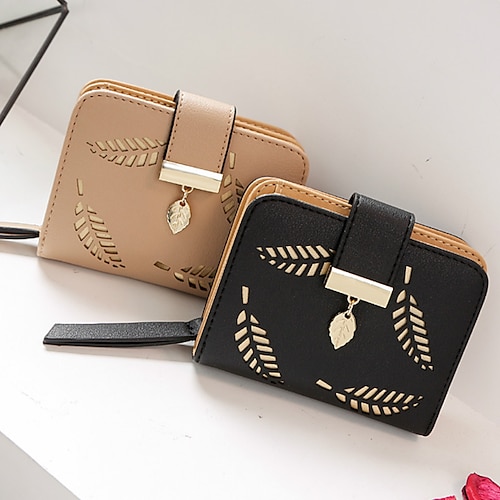 

Cartera de moda para mujer, cartera corta con cremallera, de cuero para mujer, 2023, carteras pequeñas de marca de lujo para mujer, bolso de mano con hojas huecas