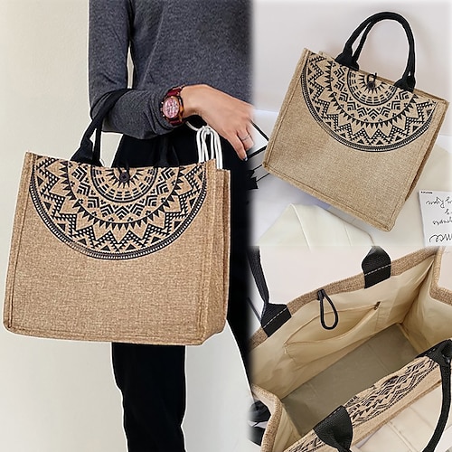 

Women's Handbag Tote Linen Shopping Daily Buckle Large Capacity Foldable Lightweight Solid Color Folk khaki