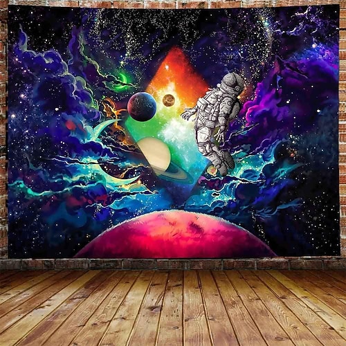 

tapeçaria de luz negra uv reativo astronauta galáxia nebulosa natureza paisagem tapeçaria pendurada parede arte mural para sala de estar quarto