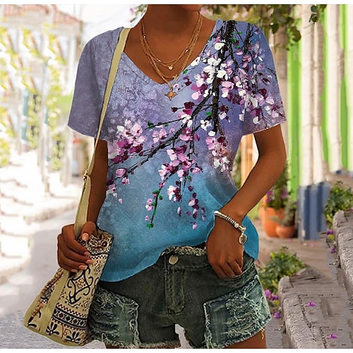 

Women's T shirt Tee Blue Floral Print Short Sleeve Holiday Weekend Basic V Neck Regular Floral Painting S