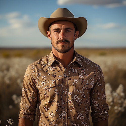 

Homme Chemise Chemise Western Floral Imprimés Photos Col rabattu Marron Vert Extérieur Plein Air manche longue Imprimer Vêtement Tenue Mode Design Décontractées style occidental