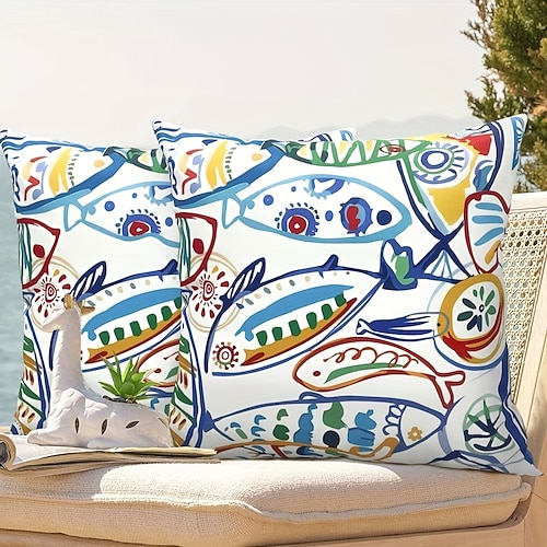 

Funda de almohada impermeable para exteriores, estampado de peces marinos para patio, jardín, sofá, sala de estar