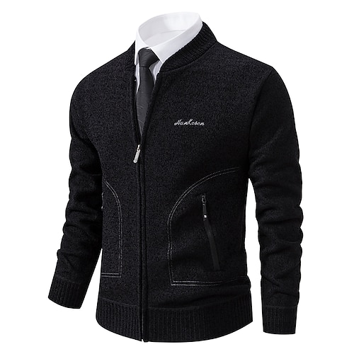 

Men's Sweater Cardigan Sweater Ribbed Knit Regular Knitted Stand Collar Warm Ups Modern Contemporary Daily Wear Going out Clothing Apparel Fall Winter Black Light Grey S M L