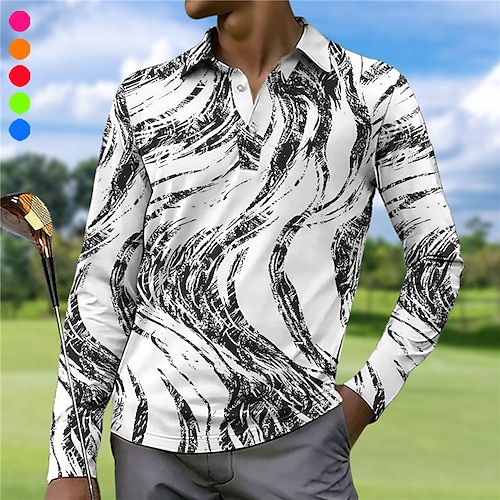 

Men's Polo Shirt Golf Shirt Button Up Polo Breathable Quick Dry Moisture Wicking Long Sleeve Golf Apparel Golf Clothes Regular Fit Printed Spring Autumn Tennis Golf Pickleball