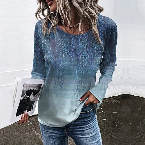 

T shirt Tee Femme Rose Claire Bleu Violet Feuille Imprimer manche longue du quotidien Fin de semaine basique Col Rond Normal Standard Fleur Peinture S