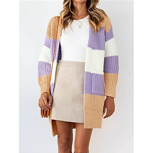 

Mulheres Sueter Cardigan Saltador Estriado Tricotar Patchwork Bolsos Bloco de cor Decote V à moda Casual Ao ar livre Diário Outono Inverno Vermelho Roxo S M L