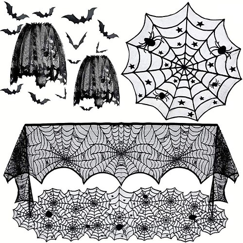 

Halloween-Dekorationen, Tischdeckenläufer, schwarze Spitze, rund, Spinnennetz-Tischdecke, Kaminsims-Schal, Spinnennetz-Kaminschal, Spinnen-Lampenschirm mit 36 gruseligen 3D-Fledermäusen für