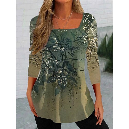 

Mulheres Camiseta Verde Floral Imprimir Manga Longa Feriado Final de semana Básico Decote Quadrado Padrão Tema Flores Pintura S