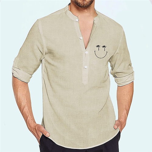 

Hombre Camisa camisa de lino Árbol de coco Estampados Cara sonriente Escote Chino Albaricoque Azul Piscina Morado Verde Trébol Gris Exterior Calle Manga Larga Estampado Ropa Lino Moda Ropa de calle