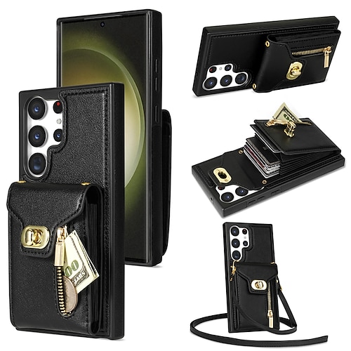 

Phone Case For Samsung Galaxy S23 S22 S21 S20 Ultra Plus FE A14 A54 A53 A52 Back Cover Handbag Purse Zipper with Removable Cross Body Strap With Card Holder Solid Color TPU PU Leather