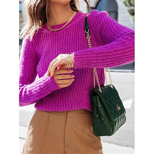 

Pull Maille Femme Crocheté Tricoter énorme Couleur unie Col Ras du Cou mode Décontractées Extérieur du quotidien manche longue Eté Automne Bleu Violet XS S M